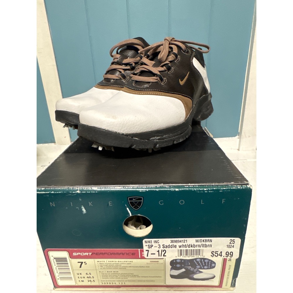 Nike SP-3 Saddle Golf Shoes Mens 7.5 Brown White Leather‎ Spiked 309894-121